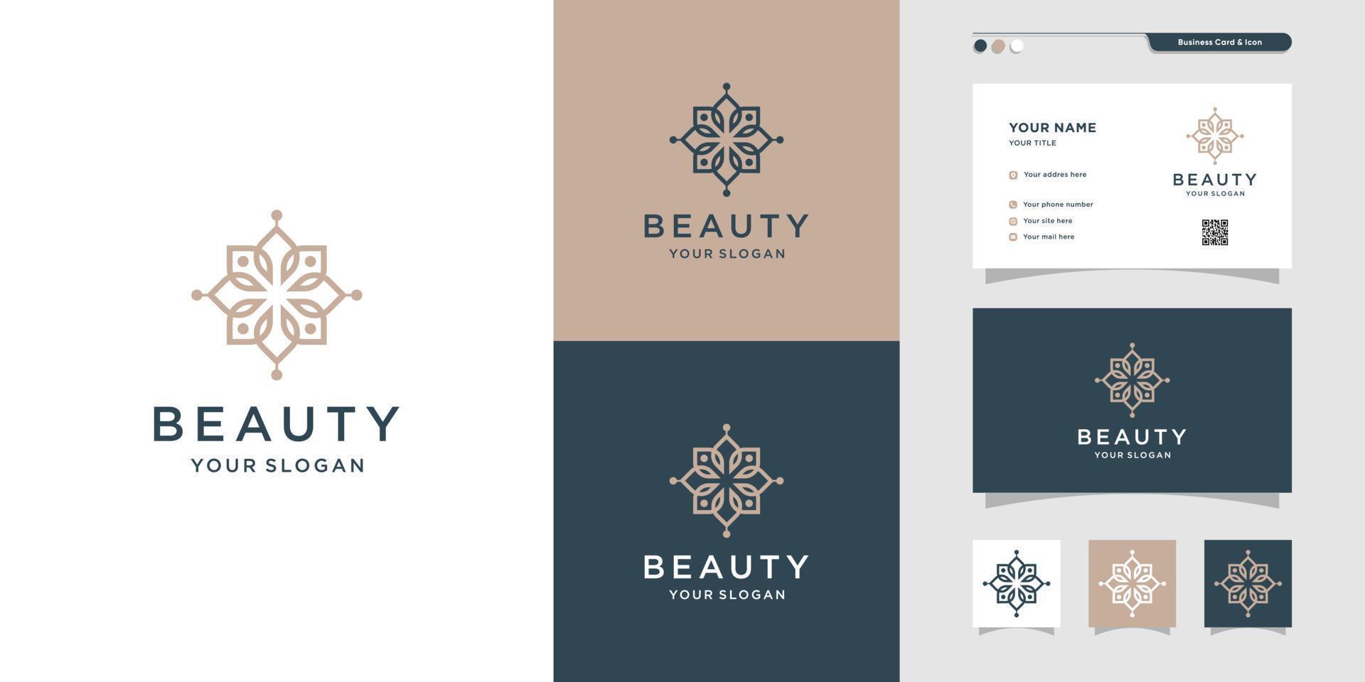 schoonheid logo en visitekaartje ontwerp illustratie. schoonheid, mode, salon, spa, yoga, bloem premium vector