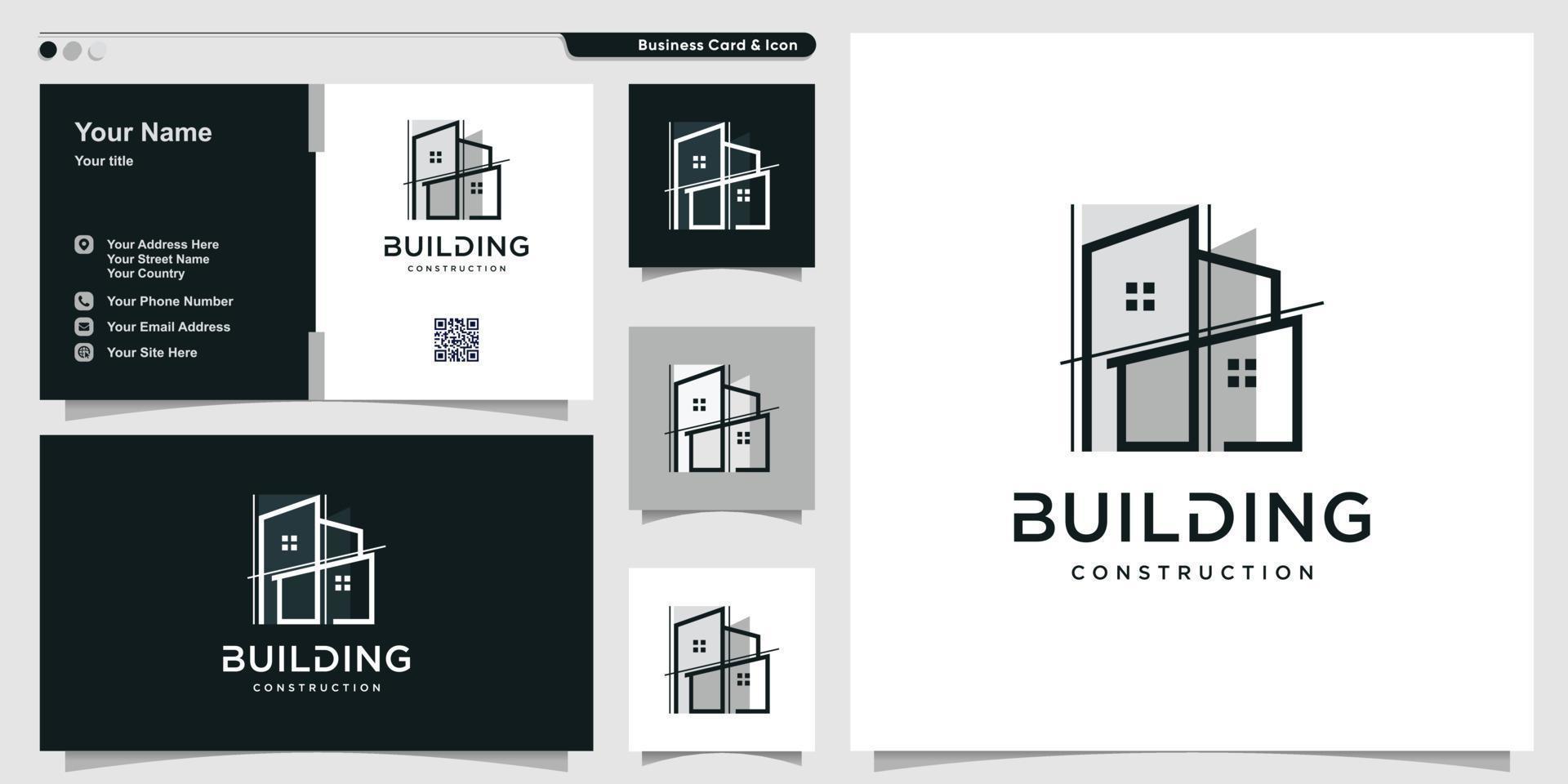gebouw logo met unieke lijn kunststijl en visitekaartje ontwerp premium vector