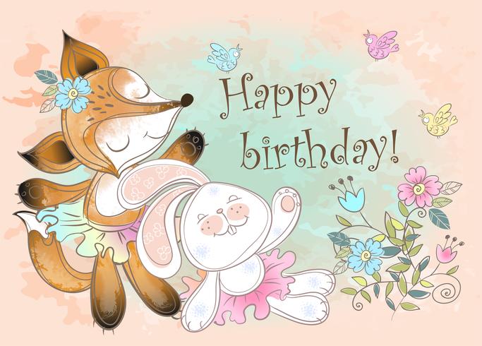 Verjaardagskaart met een konijn en een schattige vos vector