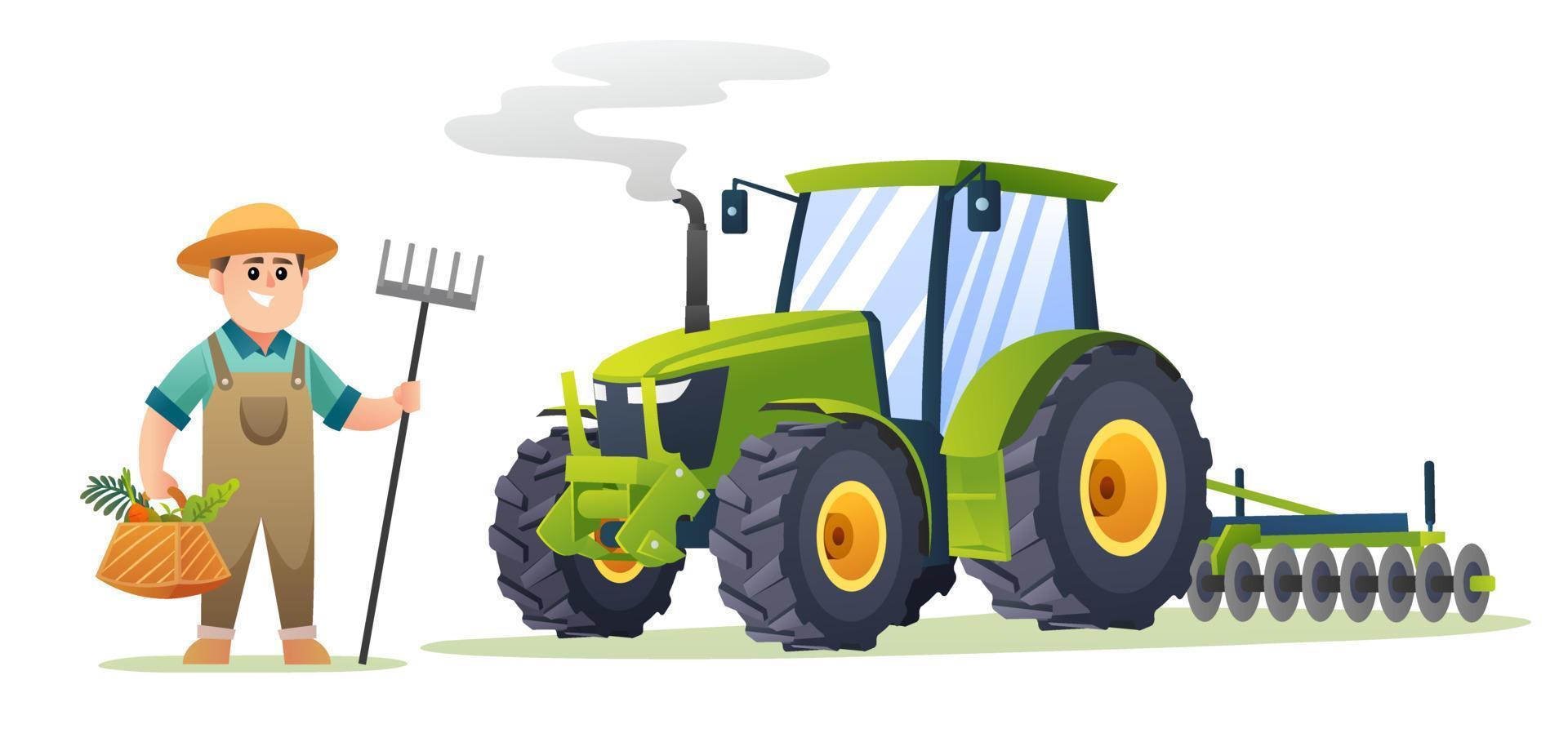 schattige boer met biologische groenten en vorkschoffel naast tractor in cartoonstijl. oogst boer illustratie vector