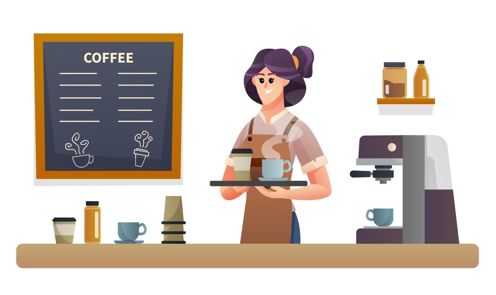 vrouwelijke barista die koffie met dienblad draagt bij de illustratie van de koffiewinkel vector