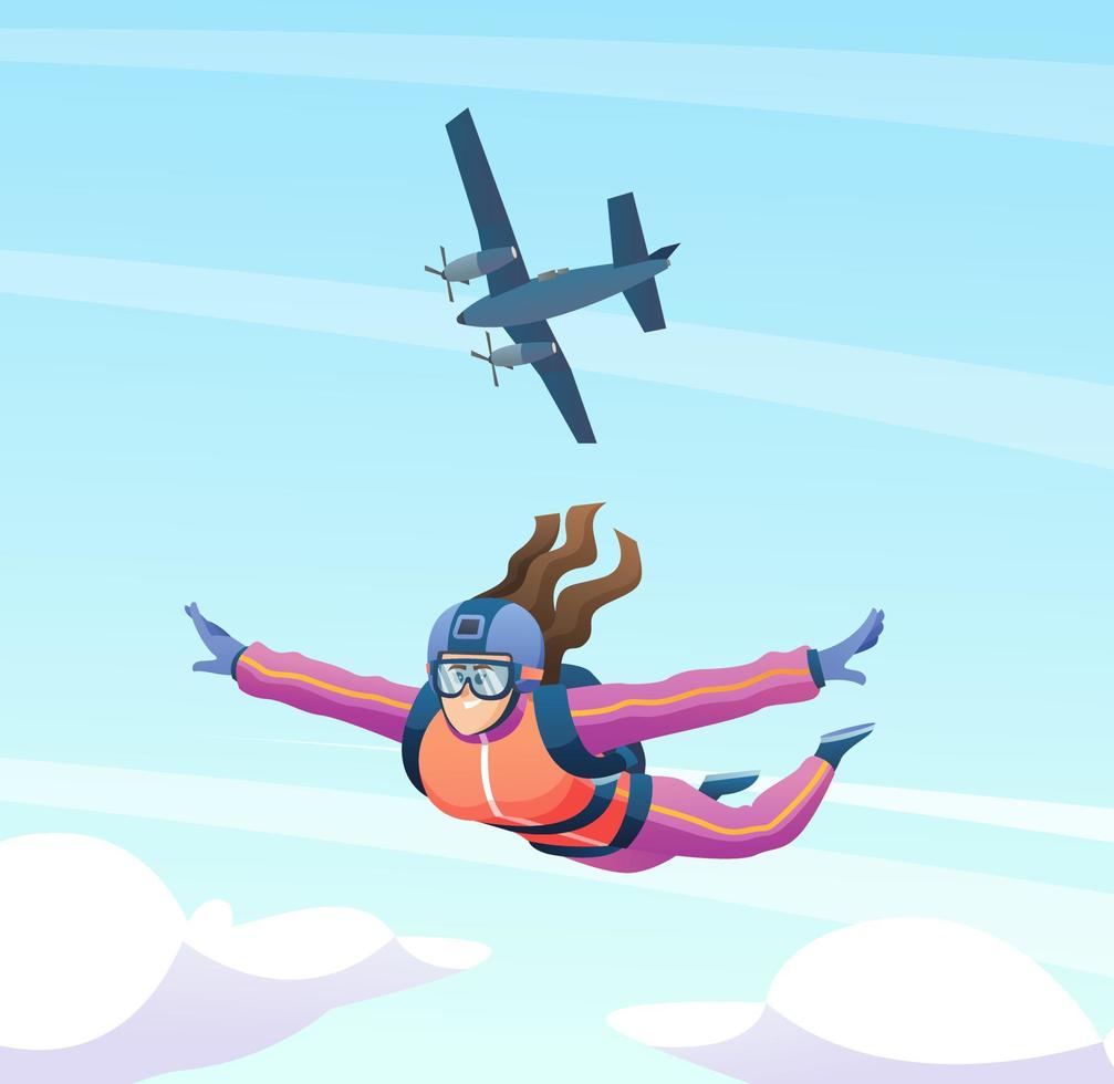 vrouwelijke skydiver springt uit het vliegtuig en parachutespringen in de lucht illustratie vector