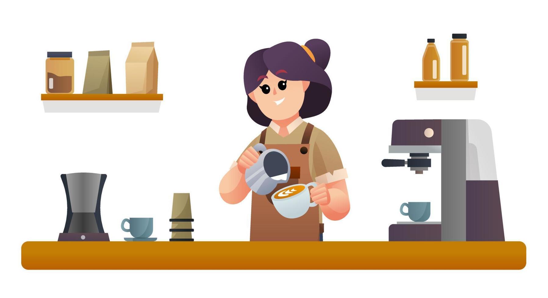 schattige vrouwelijke barista die koffie maakt bij de toonbankillustratie van de coffeeshop vector