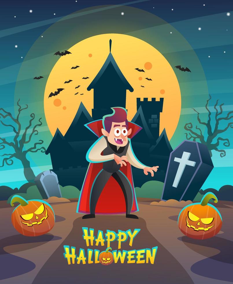 gelukkig halloween dracula vampier karakter met donkere nacht kasteel en maan concept illustratie vector