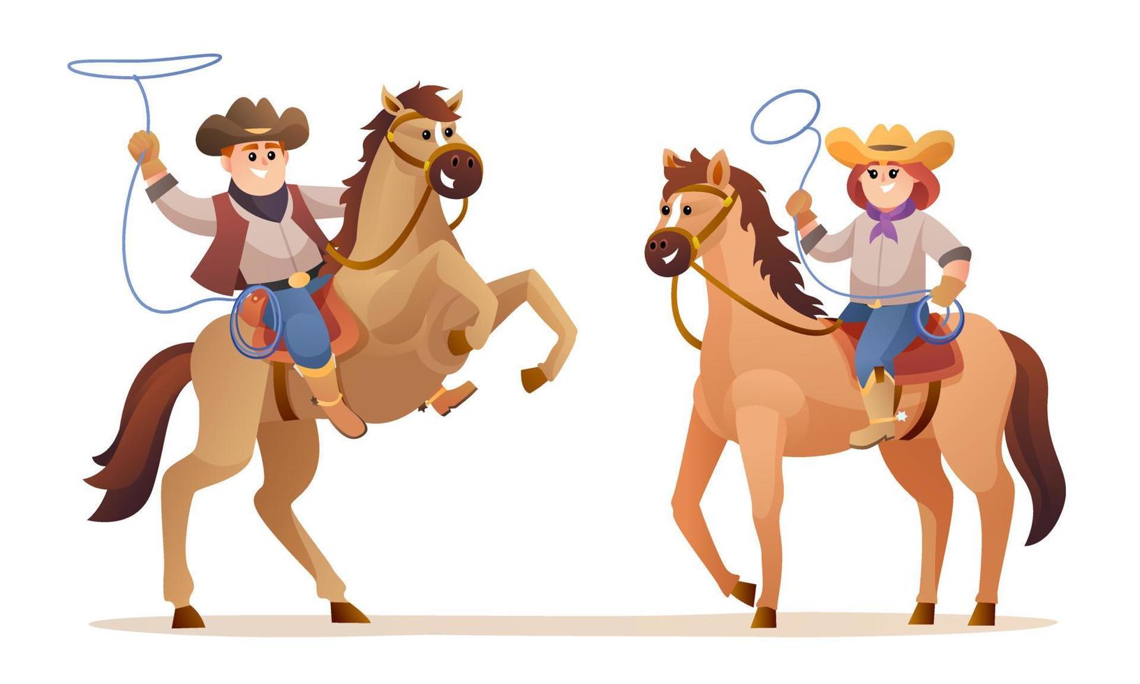 dieren in het wild westerse schattige cowboy en cowgirl rijpaard karakters illustratie vector