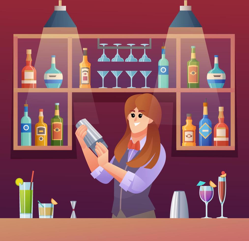 vrouwelijke barman die drankjes mengt aan de cartoonillustratie van de toog vector