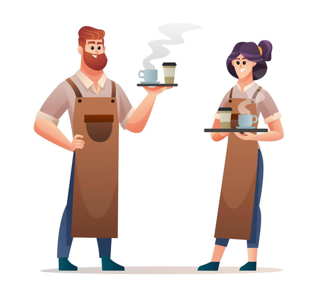 mannelijke en vrouwelijke barista-personages die koffie dragen vector