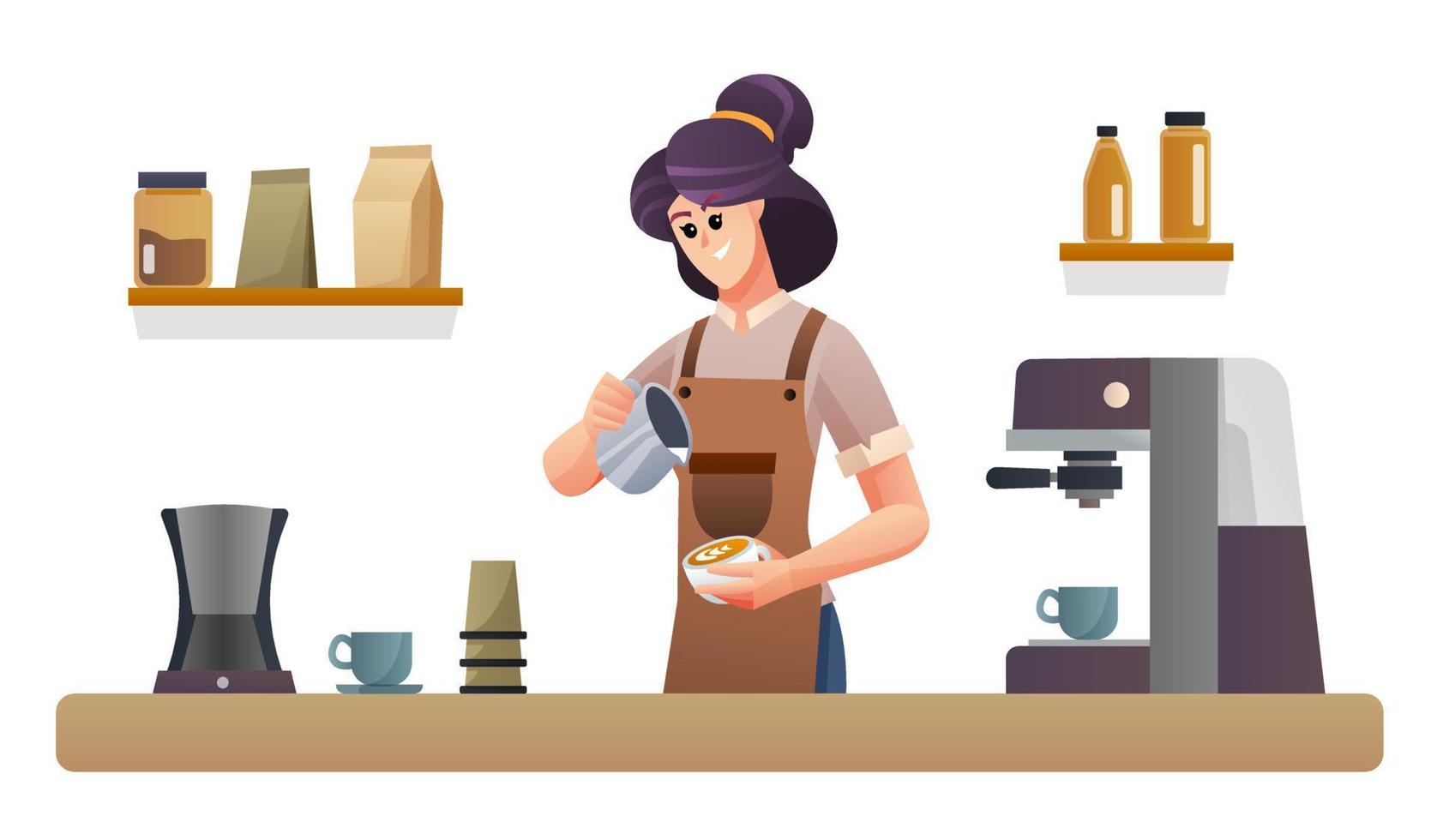 vrouwelijke barista die koffie maakt bij de balieillustratie van de coffeeshop vector