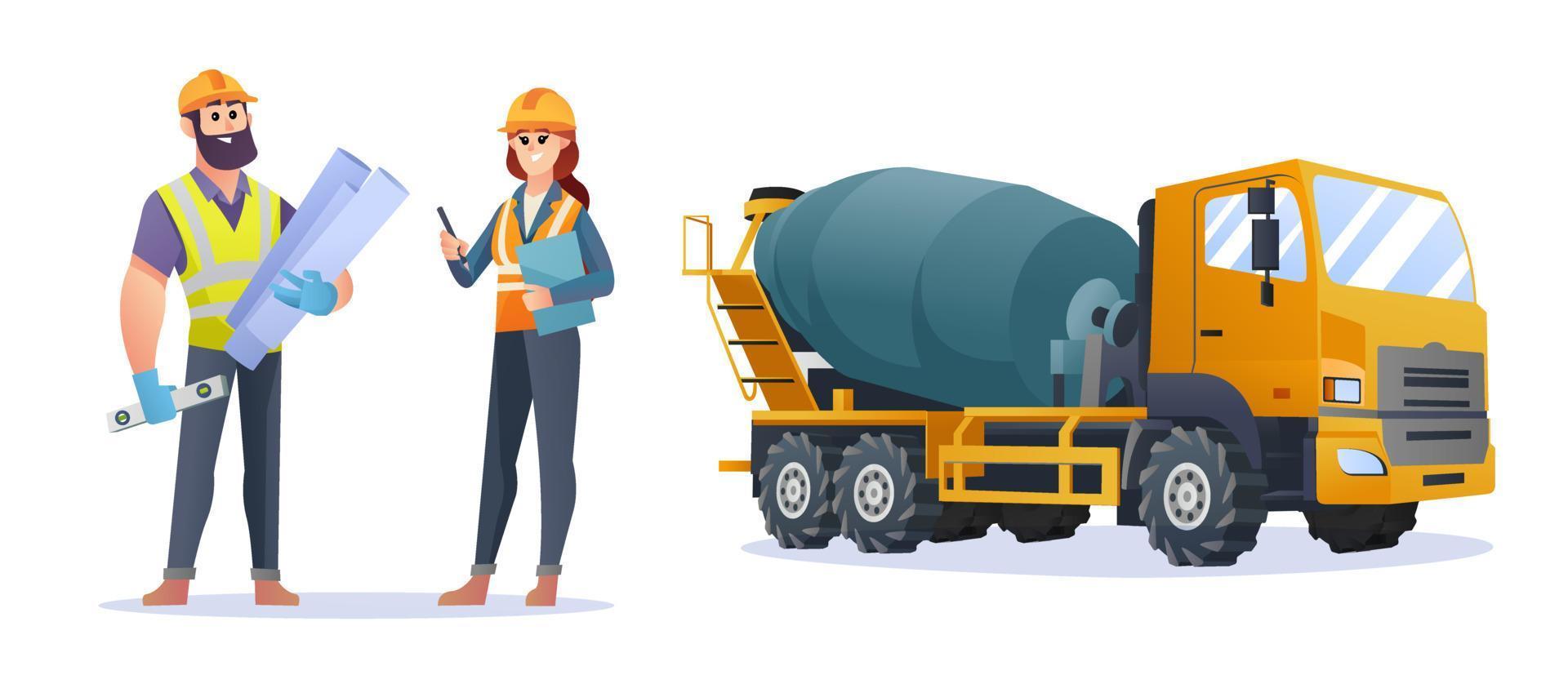 mannelijke en vrouwelijke karakters van de bouwingenieur met de illustratie van de betonmixervrachtwagen vector