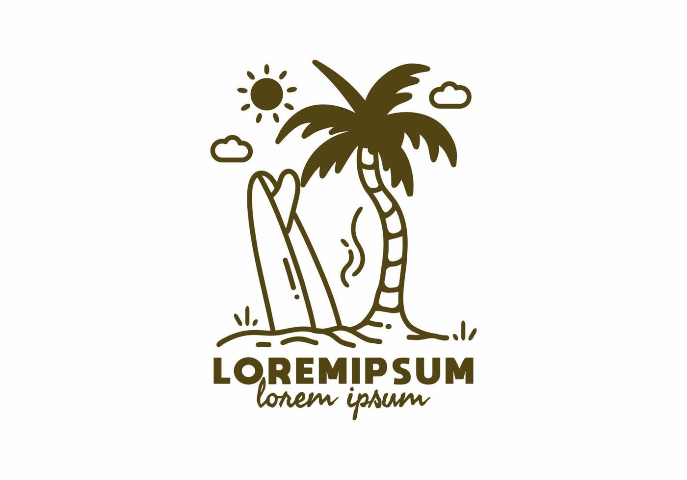 kokospalm en surfplanklijntekeningen met lorem ipsum-tekst vector