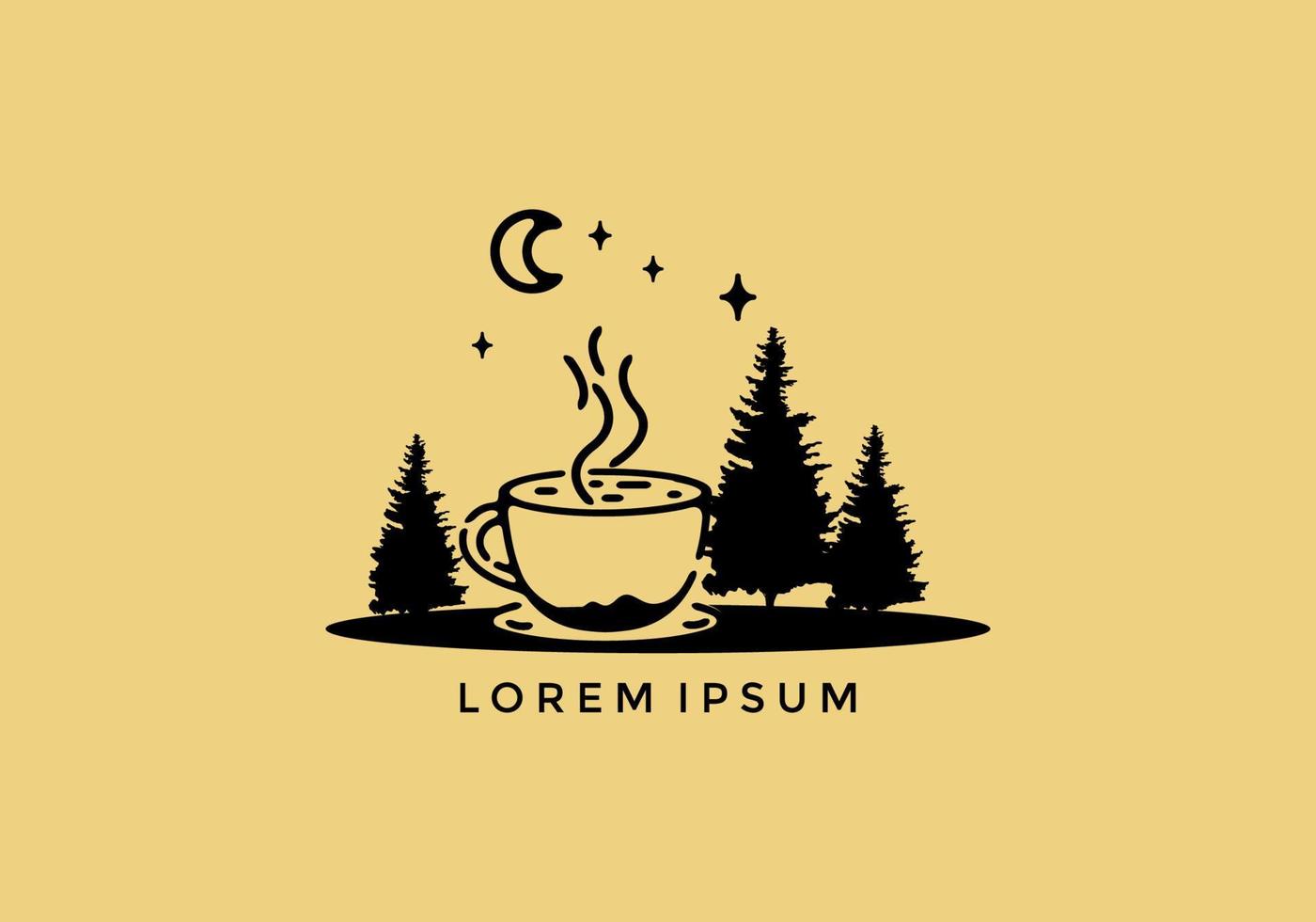 koffiekopje en dennenbomen lijntekeningen vector