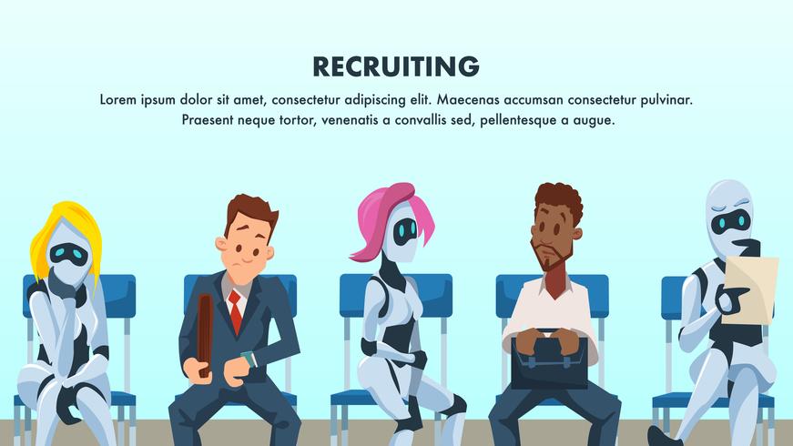 Mensen en robot zitten in de wachtrij voor sollicitatiegesprek vector