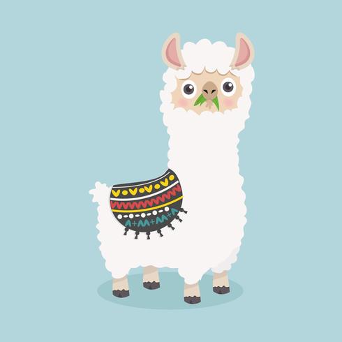 Leuke grappige pluizige alpaca eet gras vector