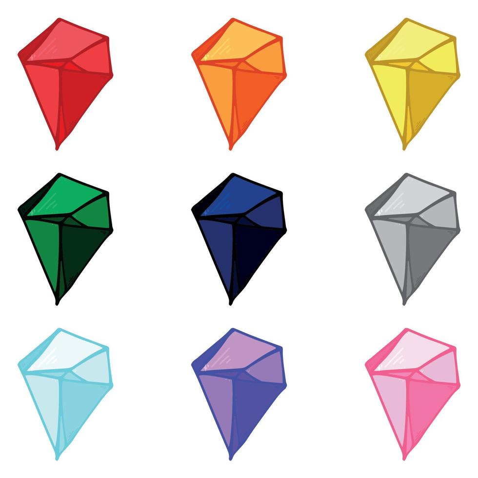 handgetekende kristallen set. geometrische edelstenen diamanten vector illustraties collectie. kleurrijke scherf van glas. voor geologie, juwelier, decoratie, spel, web.