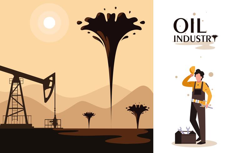 olie-industrie scène met boortoren en werknemer vector