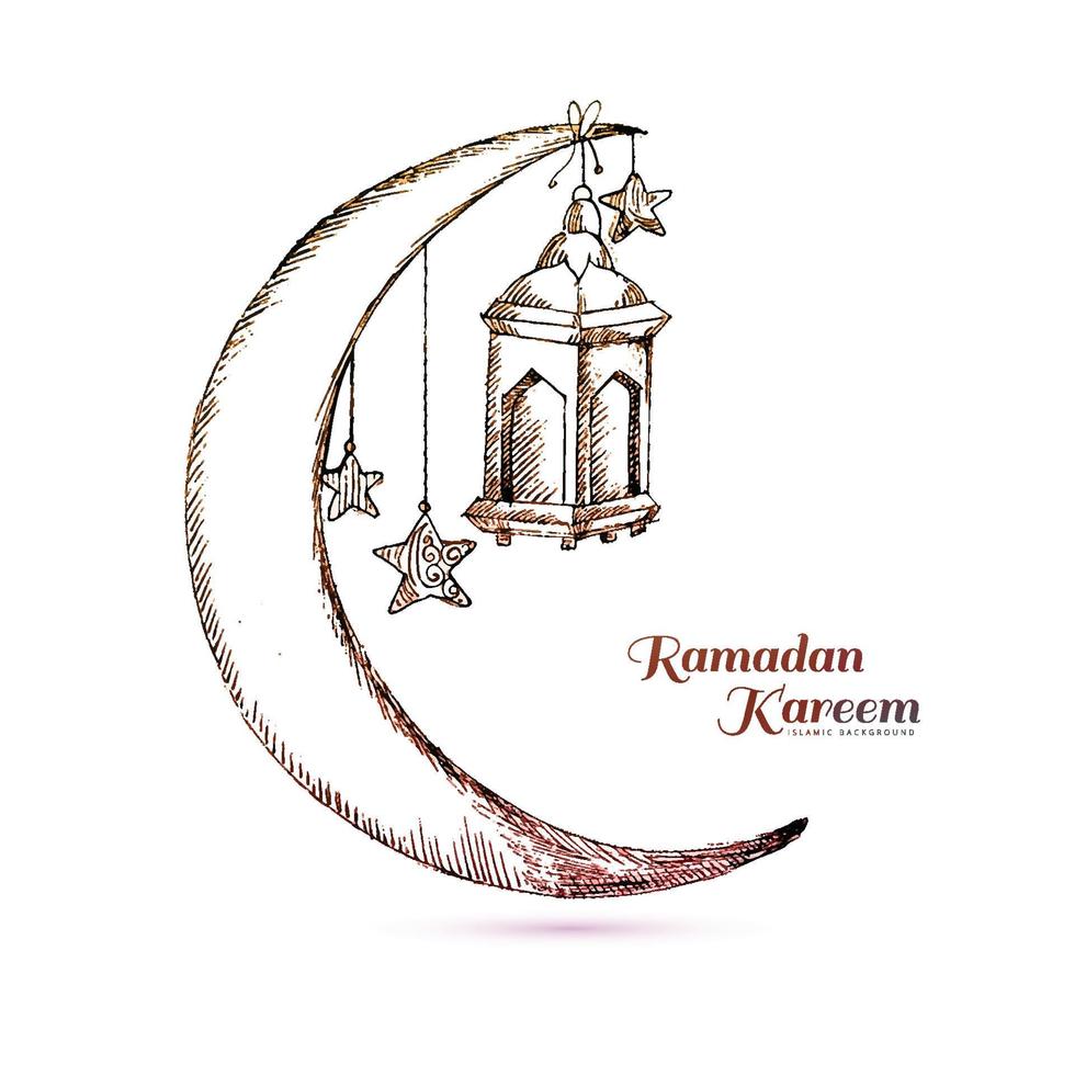 hand tekenen ramadan kareem islamitische lamp en maan schets kaart ontwerp vector