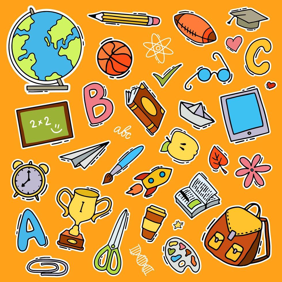 set handgetekende schoolstickers. decoratieve bundel doodles geïsoleerd op een oranje achtergrond. eps 10 vector