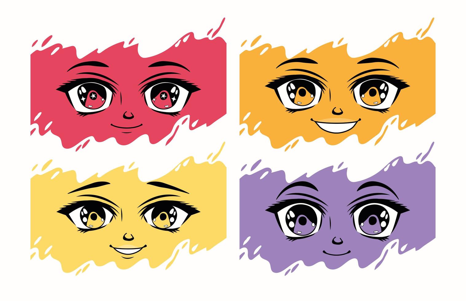 vier gezichten van anime-emoties vector