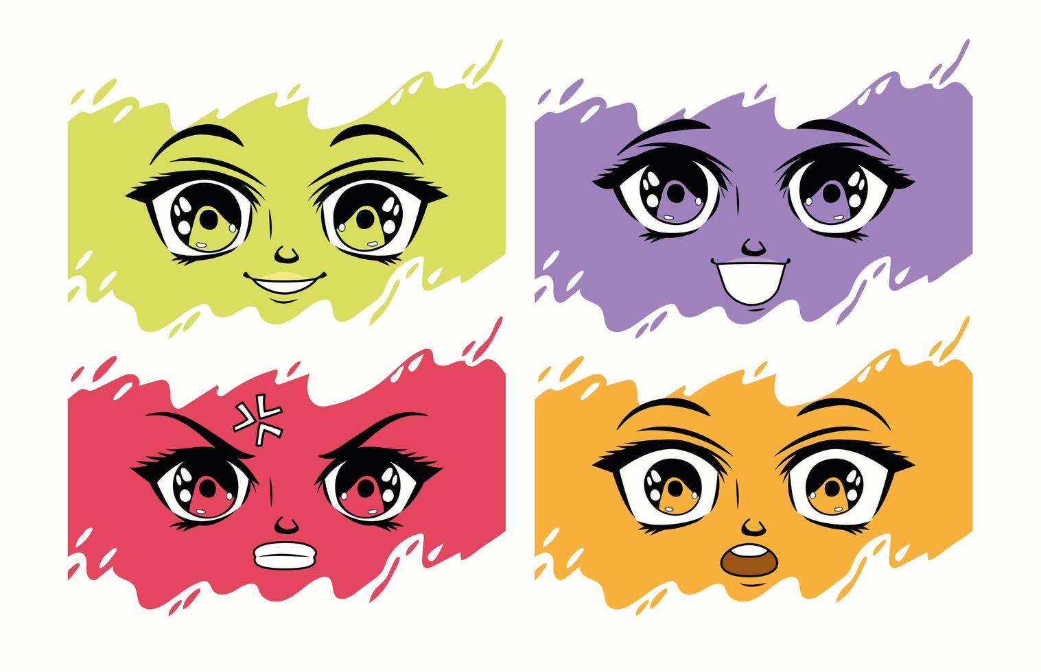 vier manga-emoties gezichten vector
