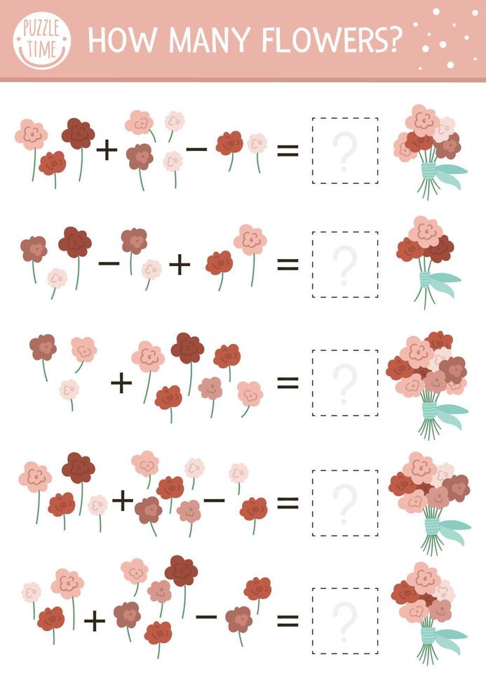 moederdag matching game met bloemen. vakantie wiskunde activiteit voor kleuters met rozenboeketten. educatief afdrukbaar telwerkblad met leuke grappige elementen voor kinderen vector