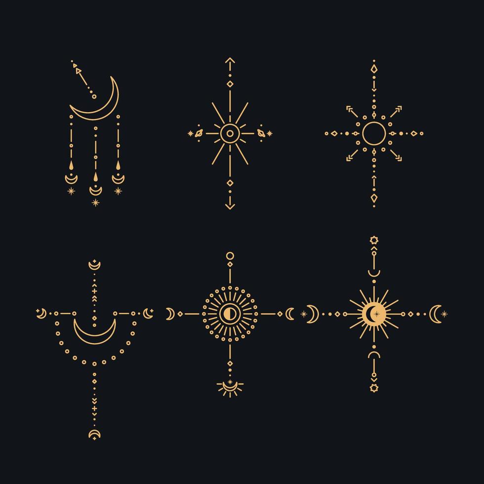 set van maan en zon lijntekeningen. minimale boho lineaire symbolen. hemels mystiek element. vector lijn kunst illustratie.