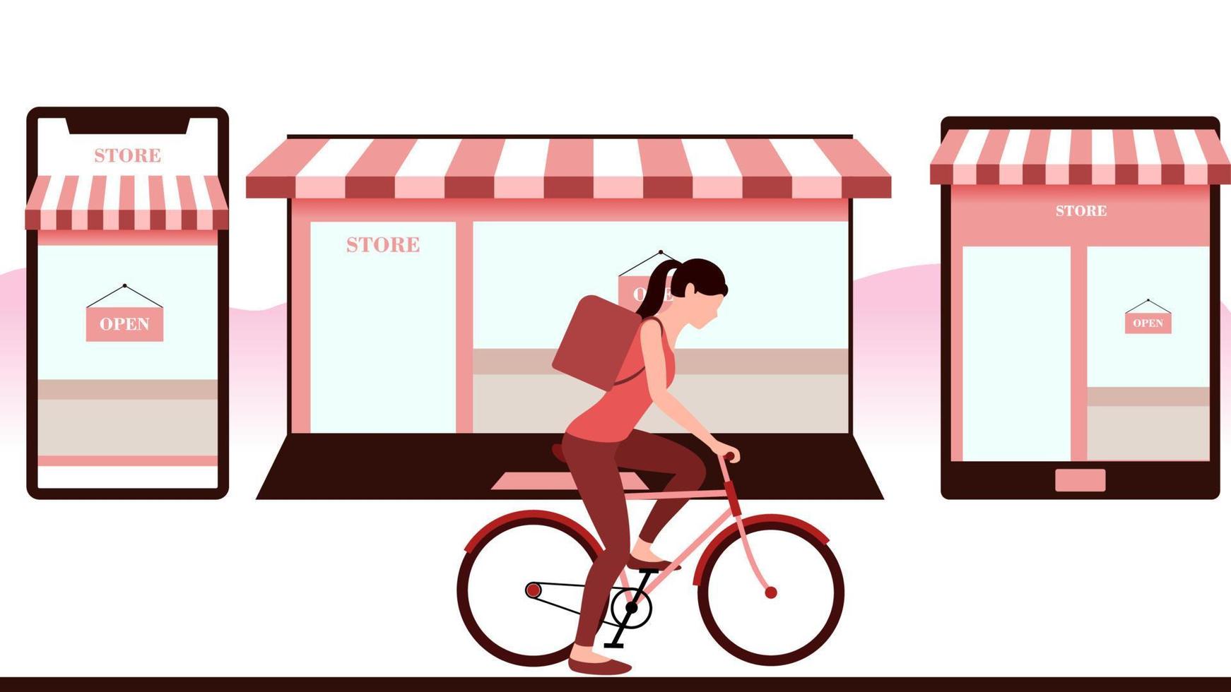 vrouw met fiets, winkel gemaakt in objecten zoals laptop mobiel en tablet. levering zakelijke vectorillustratie op witte achtergrond. vector