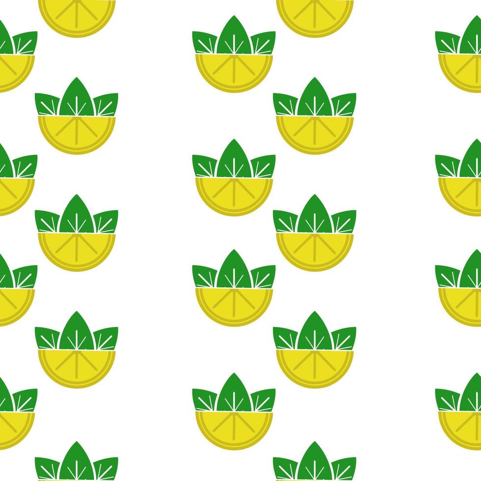 citroenhelften en groene bladeren naadloos patroon, gele citrusvruchten in verticale rijen op een witte achtergrond vector