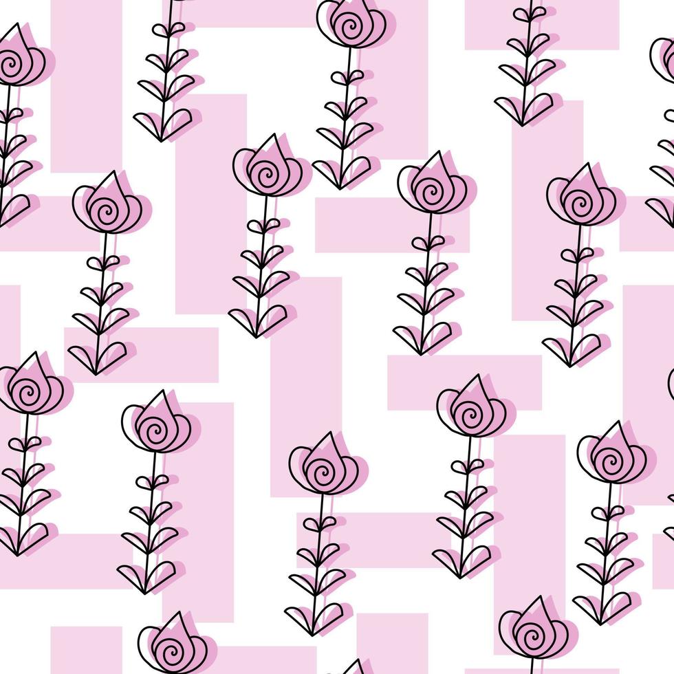 naadloze patroon van contour doodle bloemen met roze silhouet en rechthoeken op een witte achtergrond vector