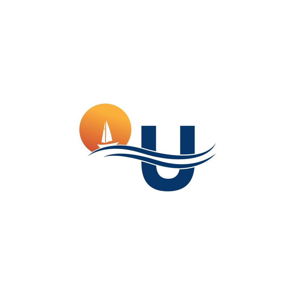 letter u-logo met pictogramsjabloon voor oceaanlandschap vector