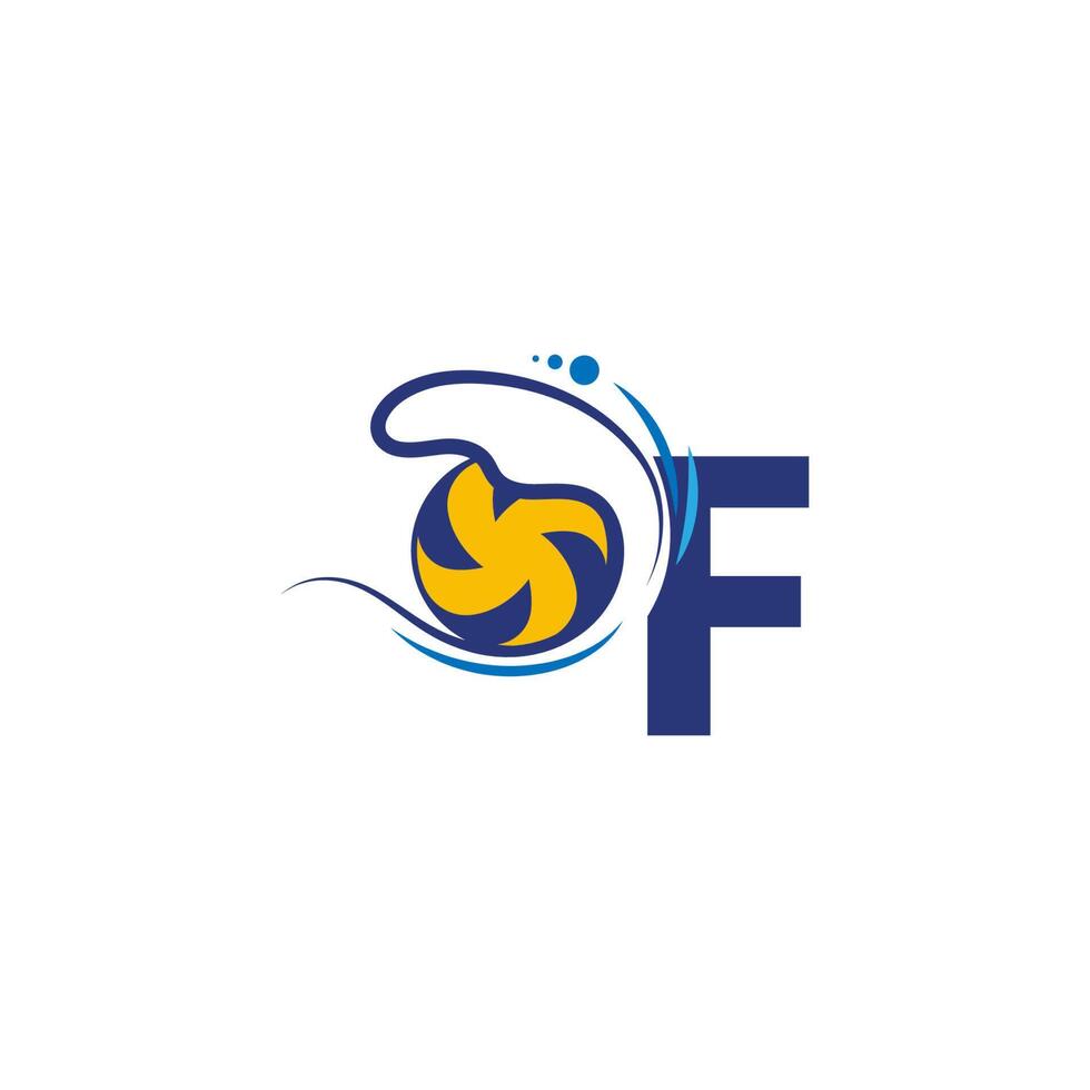 letter f-logo en volleybal sloeg in de watergolven vector