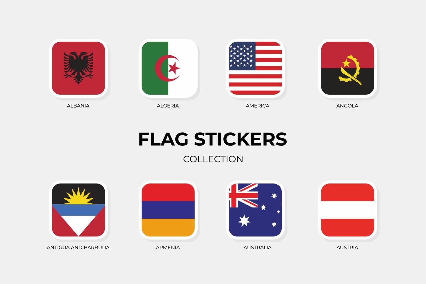 vlagstickers van albanië, algerije, amerika, angola, antigua en barbuda, armenië, australië en oostenrijk vector