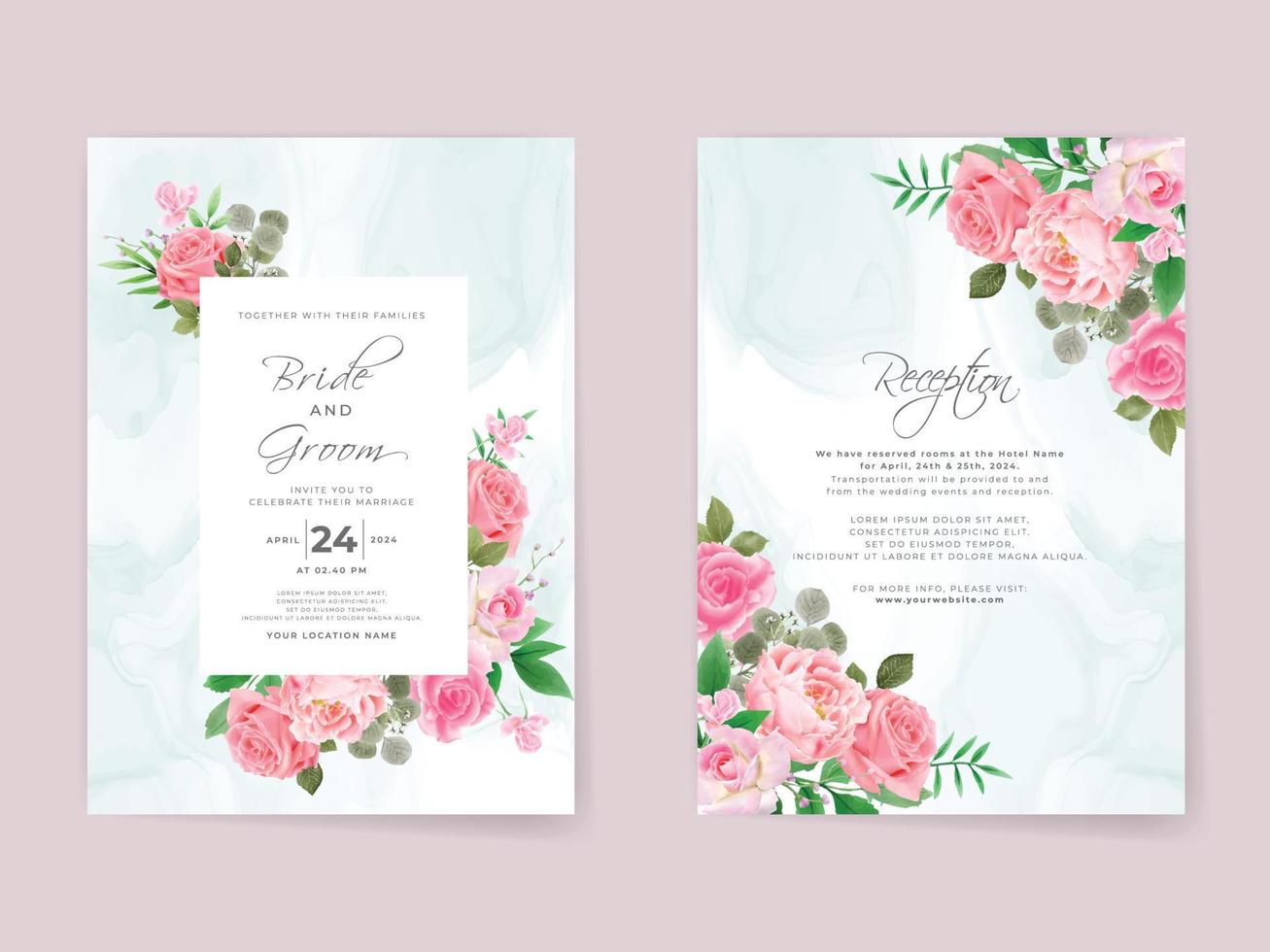 bruiloft uitnodigingskaarten set roze rozen vector