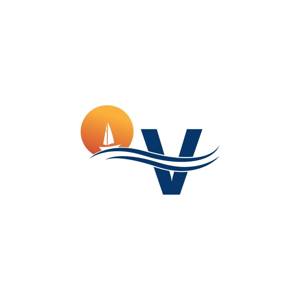 letter v-logo met pictogramsjabloon voor oceaanlandschap vector