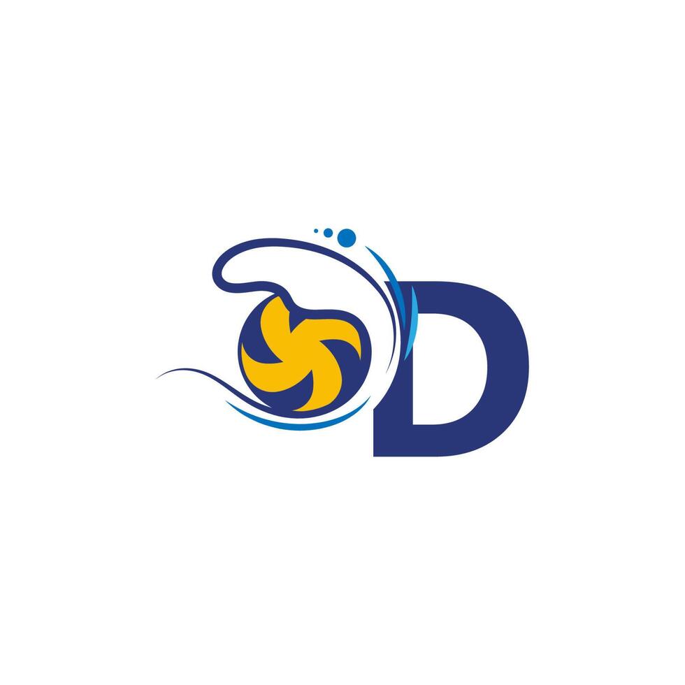 letter d-logo en volleybal sloeg in de watergolven vector