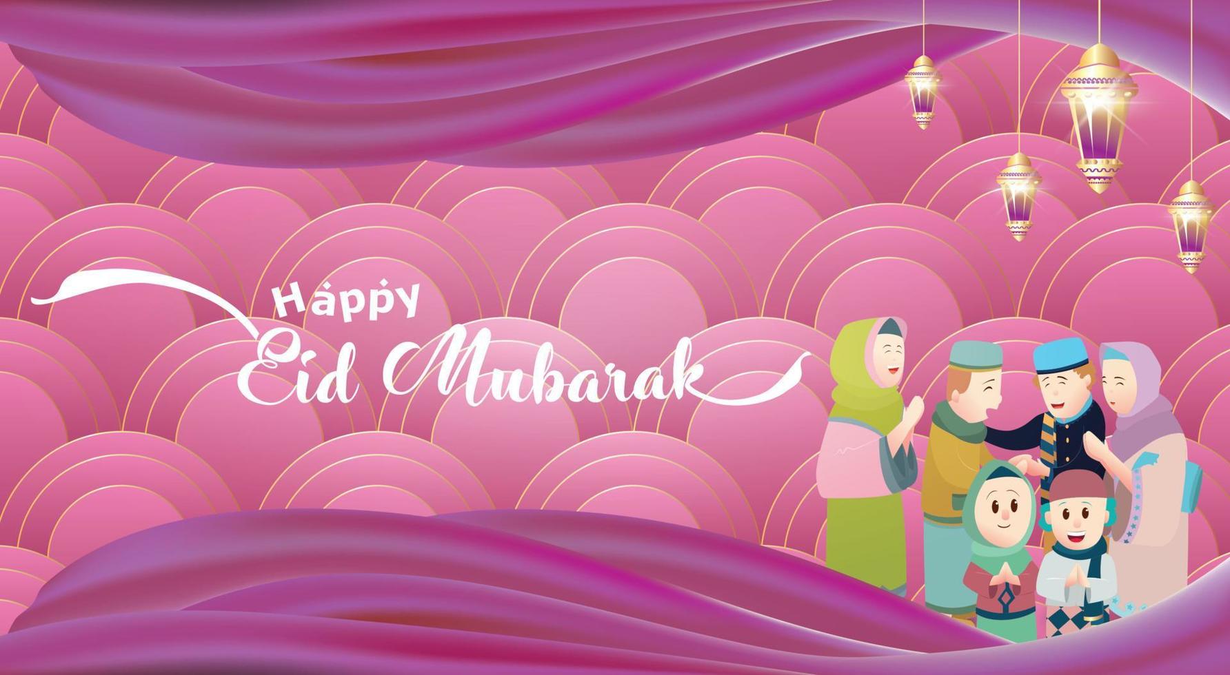 eid mubarak vectorillustratie met familie karakter. vectorillustratie voor wenskaart, poster en banner. met leuke ontwerpstijl vector