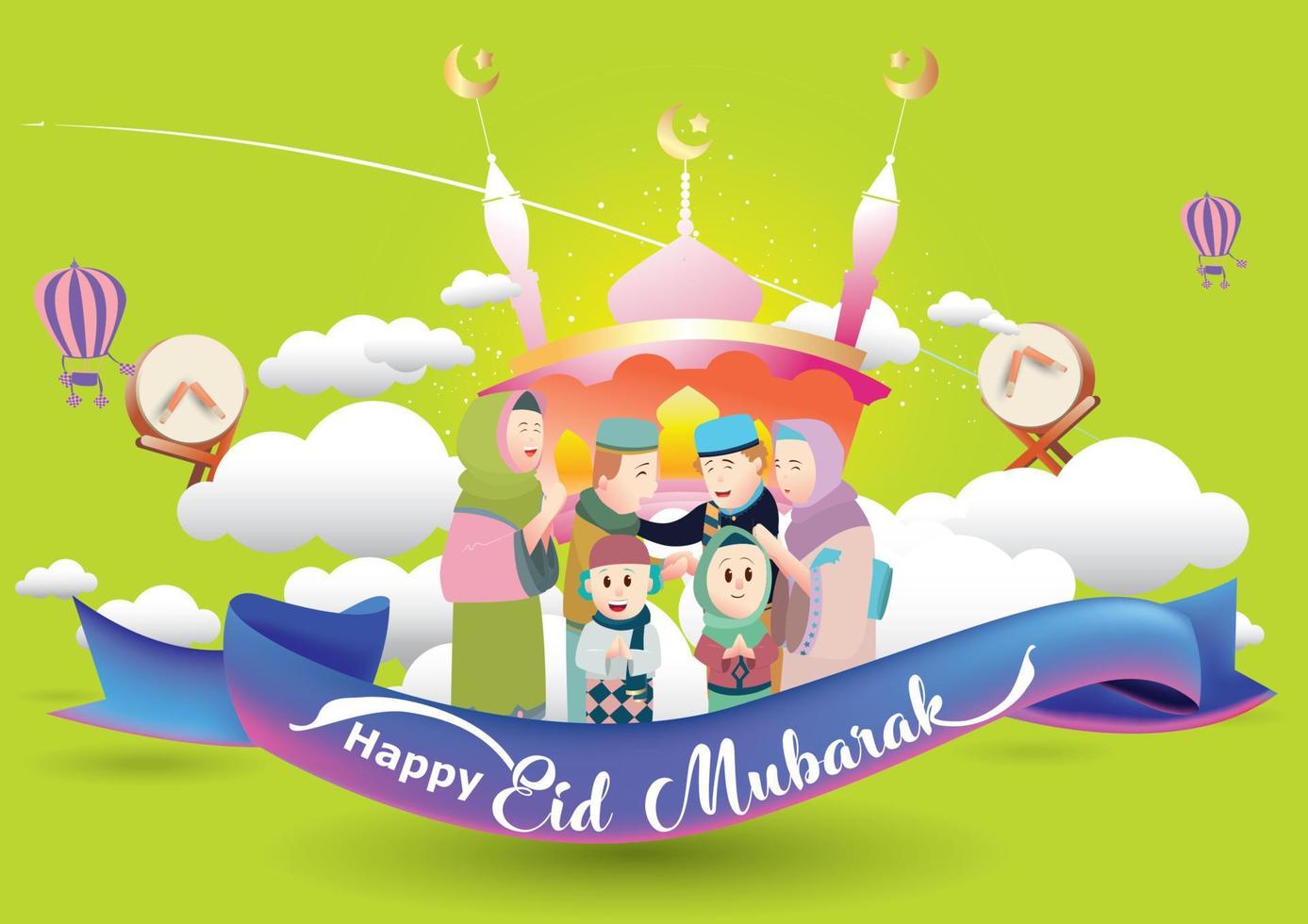 eid mubarak vectorillustratie met familie karakter. vectorillustratie voor wenskaart, poster en banner. met leuke ontwerpstijl vector