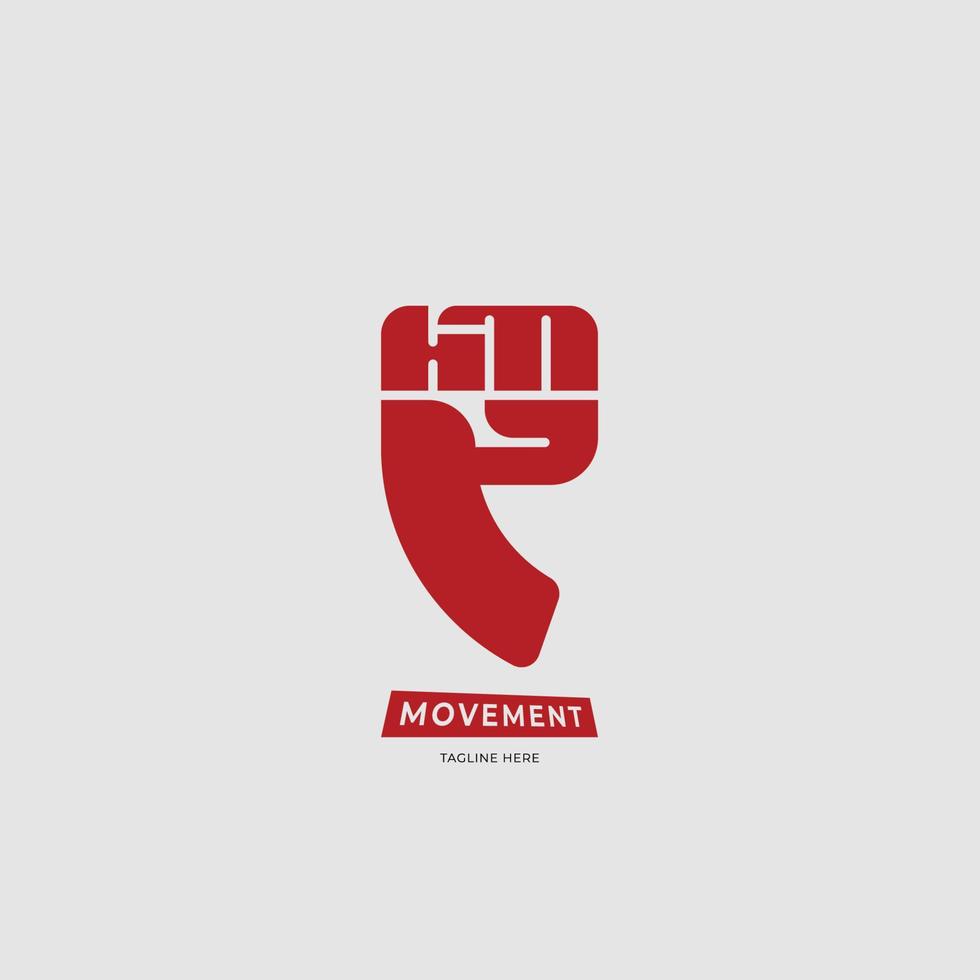 letter hem-logo met gebalde vuist logo-inspiratie. logo mannelijk met hand en rode kleur. vector