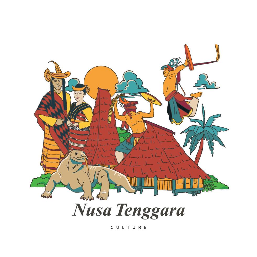 stel nusa tenggara-cultuur en historische illustratie in. handgetekende Indonesische culturen achtergrond vector