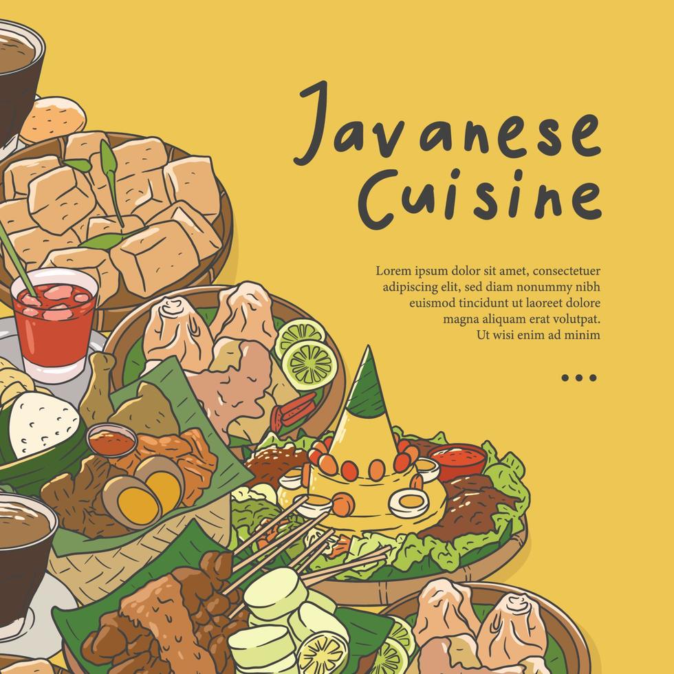 Javaanse keuken hand getekende illustratie vector. Indonesisch eten set collectie voor achtergrond vector