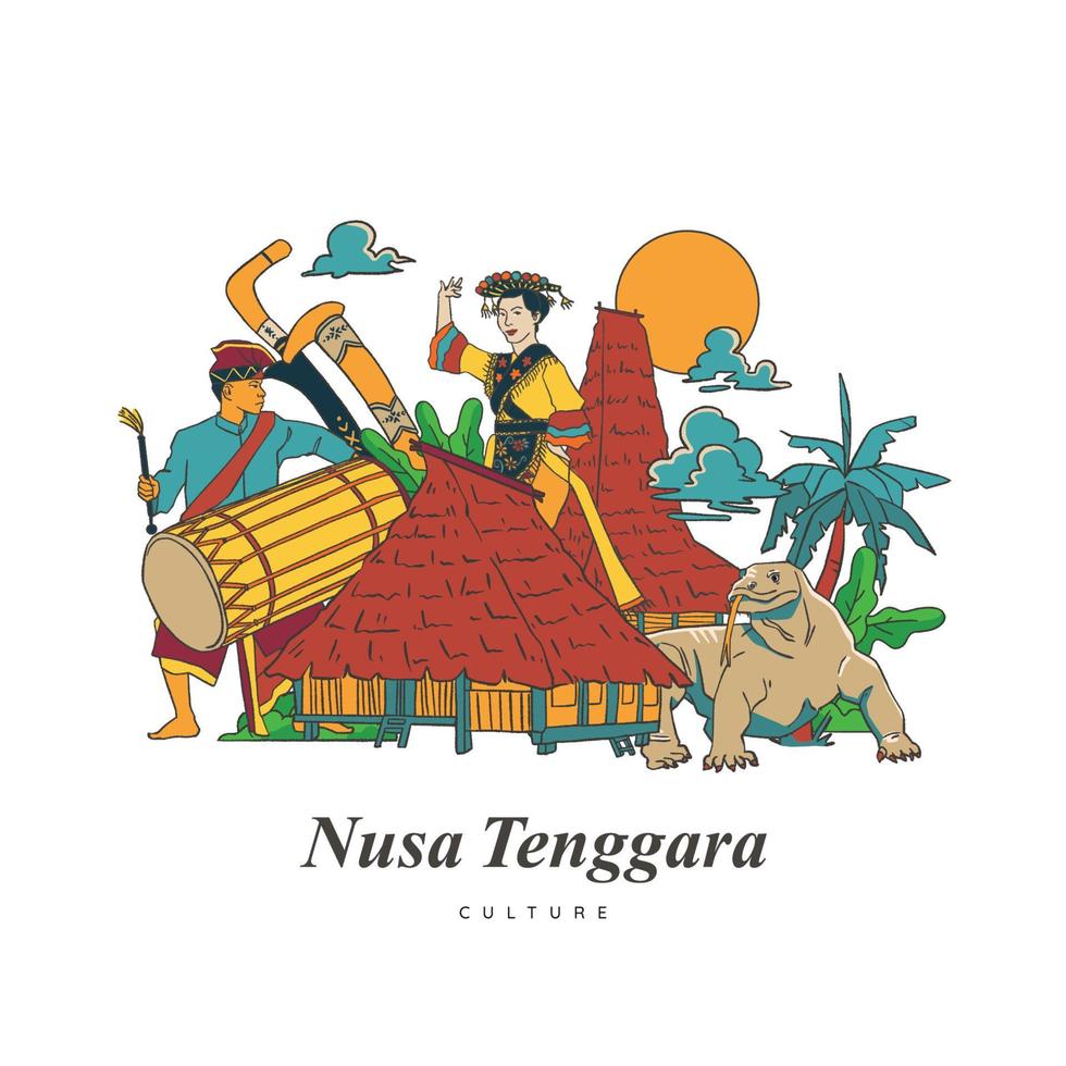 stel nusa tenggara-cultuur en historische illustratie in. handgetekende Indonesische culturen achtergrond vector