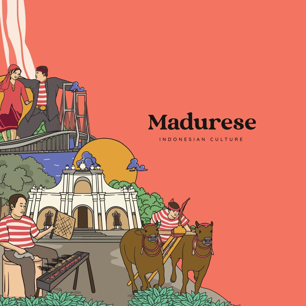 Madura-illustratie instellen. handgetekende Indonesische culturen achtergrond vector