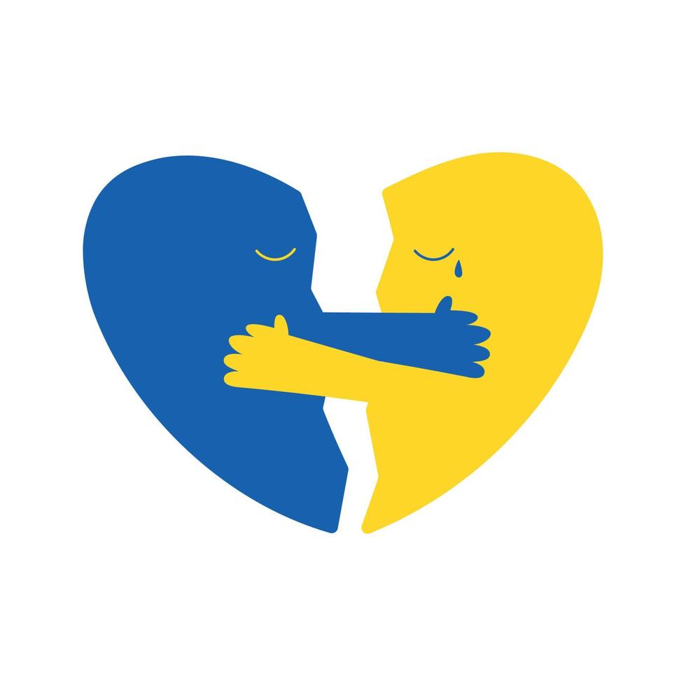 stukjes gebroken hart knuffelen elkaar, Oekraïense vlag kleuren, platte vectorillustratie geïsoleerd op een witte achtergrond. steun en bid voor Oekraïne tijdens de oorlog met Rusland. hart met huilend gezicht. vector