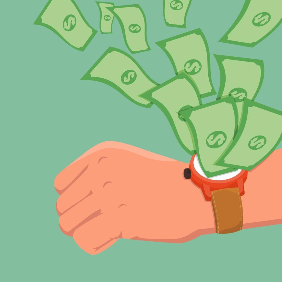 hand en horloge met vliegend geld vector