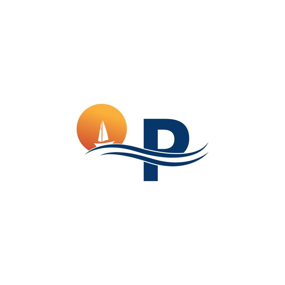 letter p-logo met pictogramsjabloon voor oceaanlandschap vector