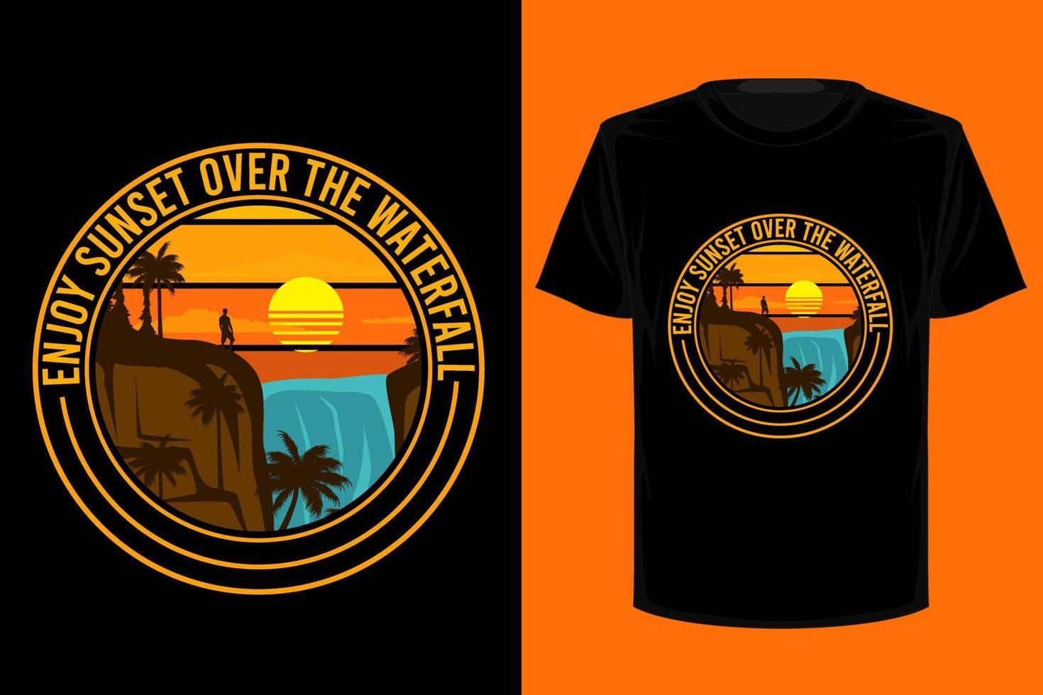 geniet van zonsondergang boven de waterval retro vintage t-shirtontwerp vector