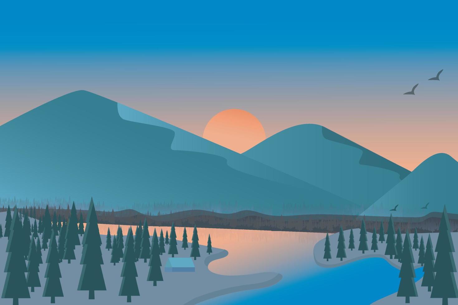 platte landschap illustratie berg zonsopgang vector
