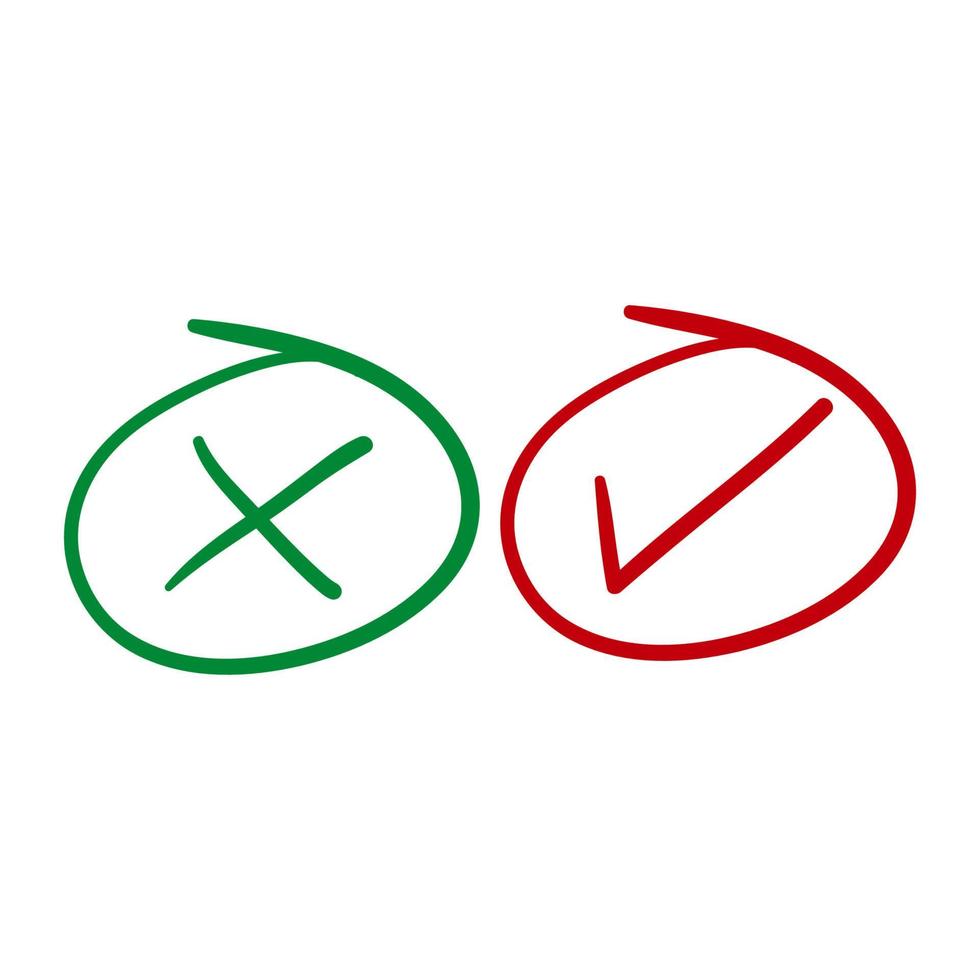 vinkje vector iconen. groen vinkje en rood kruisje. hand getrokken doodle stijl vector geïsoleerd op wit.