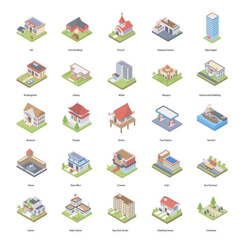 Gebouwen isometrische Icons Set vector