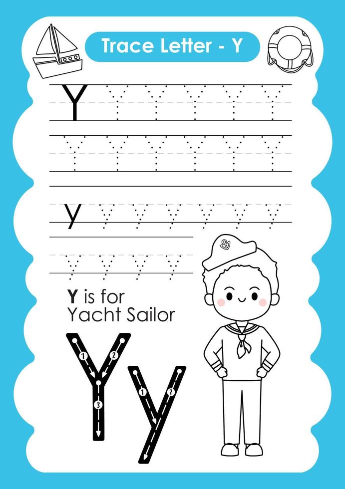 alfabet trace letter a tot z voorschoolse werkblad met de letter y jacht matroos vector