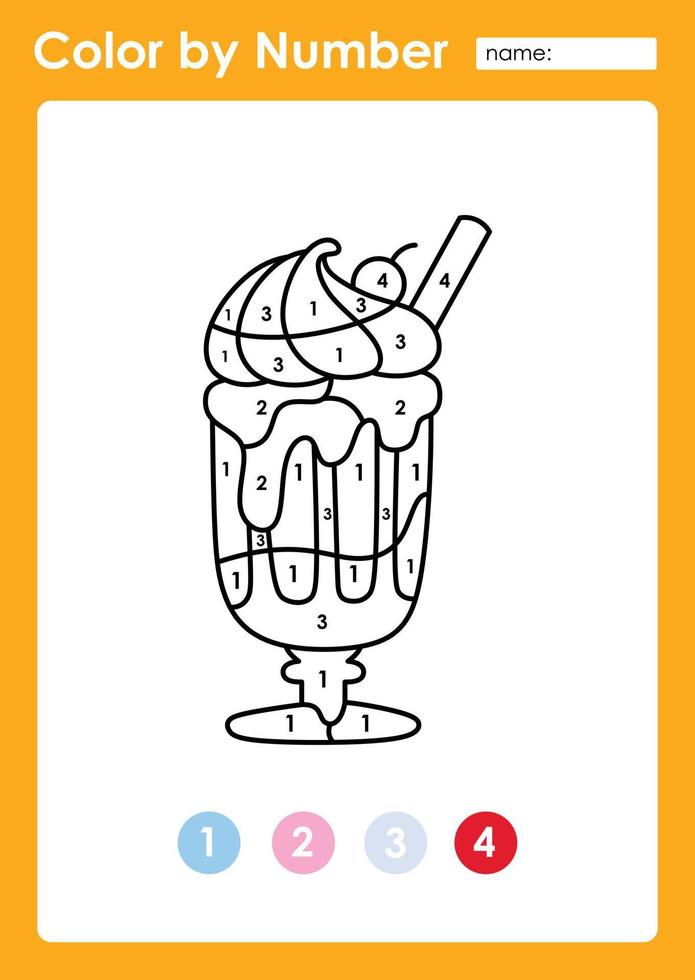 werkblad kleuren op nummer voor kinderen die cijfers leren door milkshake in te kleuren vector